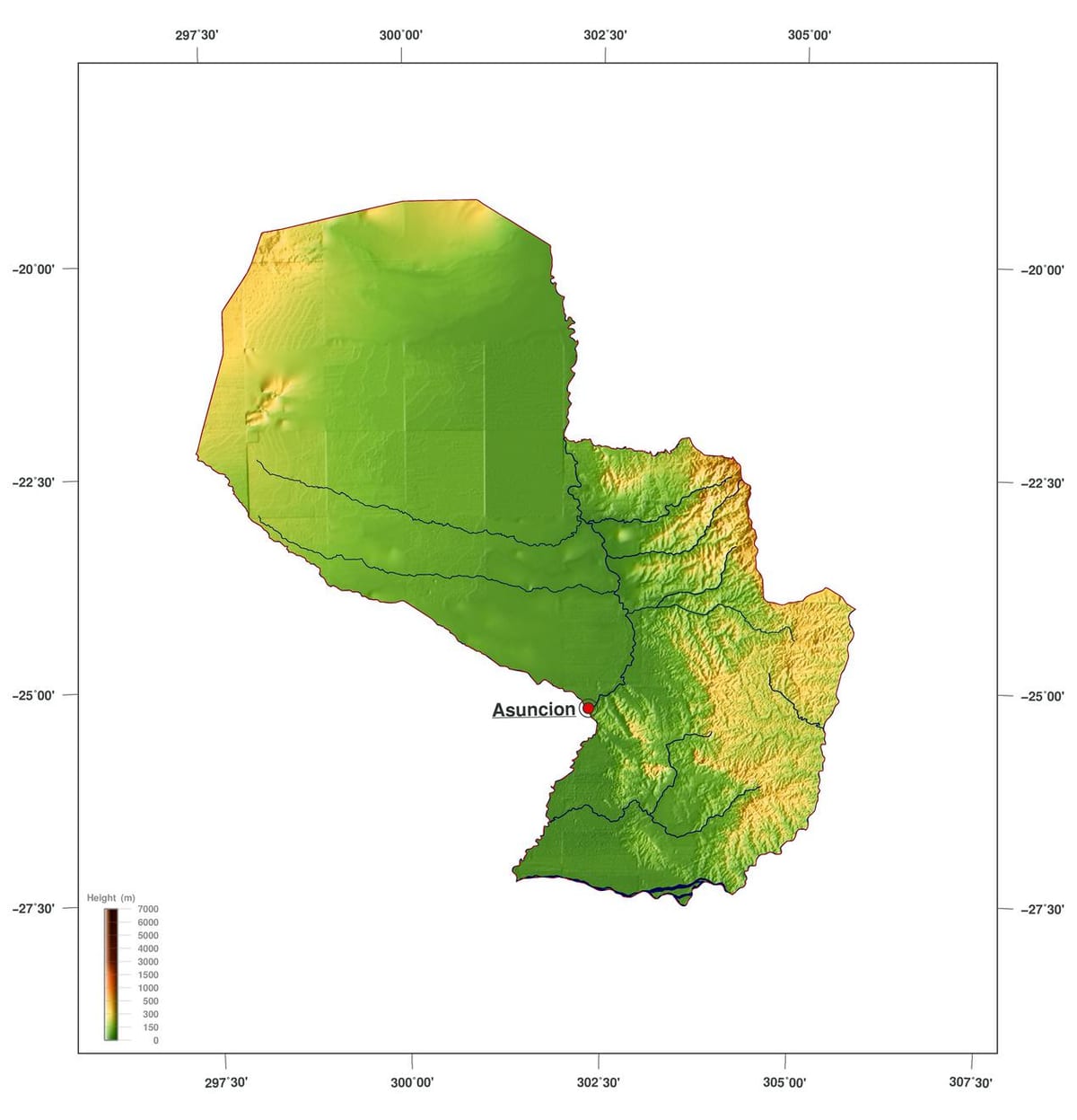 Térkép fizikai Paraguay